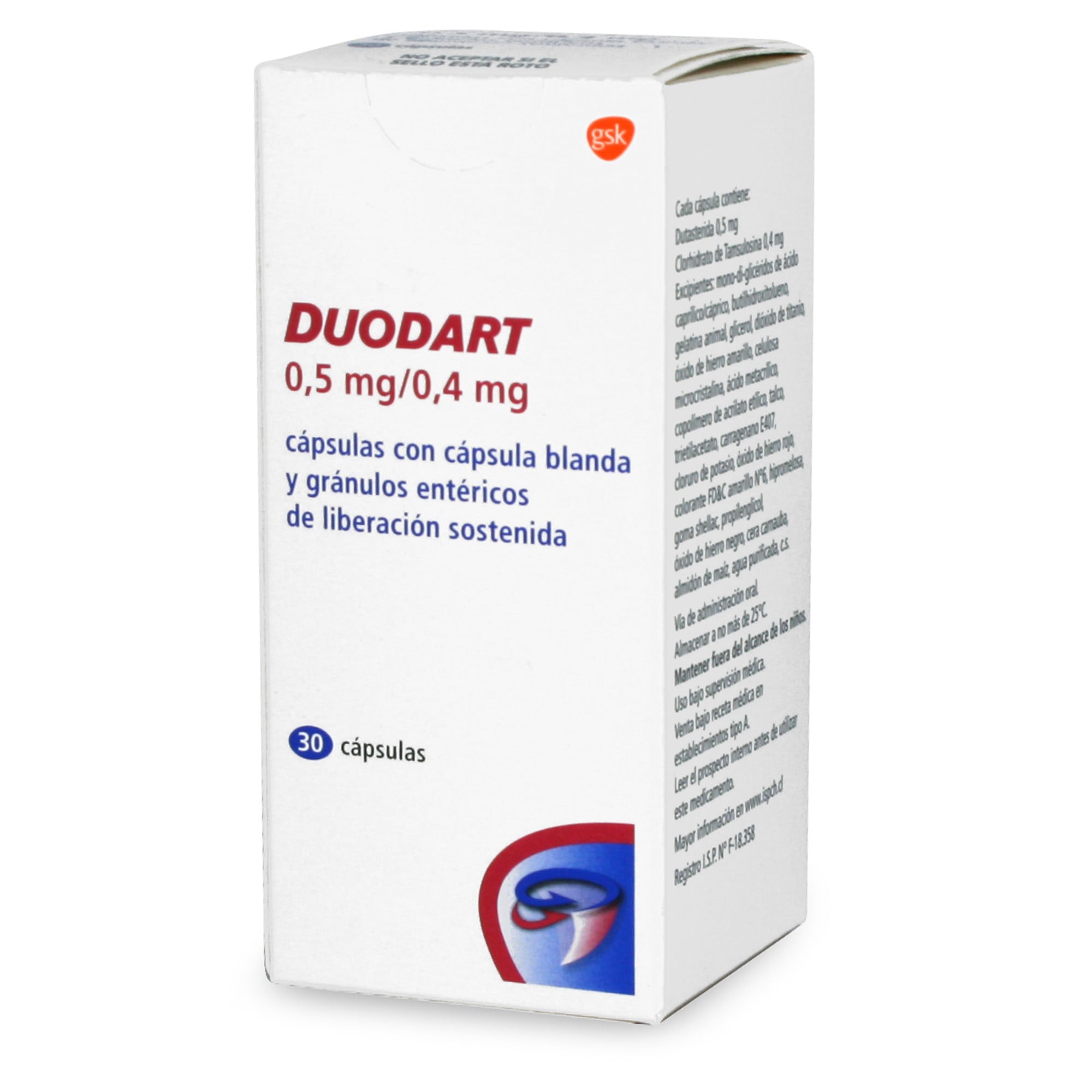 Duodart 0,5/0,4 Dutasteride 0,5 mg Tamsulosina 0,4 mg 30 Cápsulas de Liberacion Sostenida