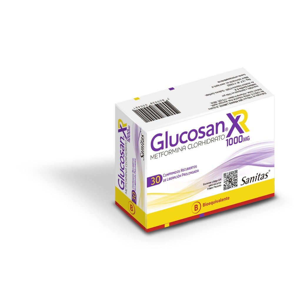 Glucosan XR Metformina Clorhidrato 1000mg 30 Comprimidos Recubiertos de Liberación Prolongada