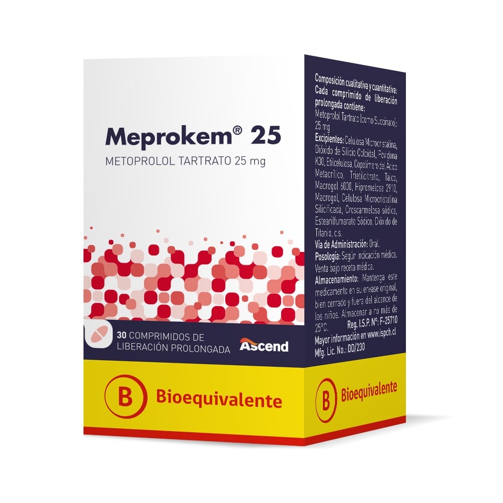 Meprokem Metoprolol Tartrato de Liberación Prolongada 25 mg 30 Comprimidos