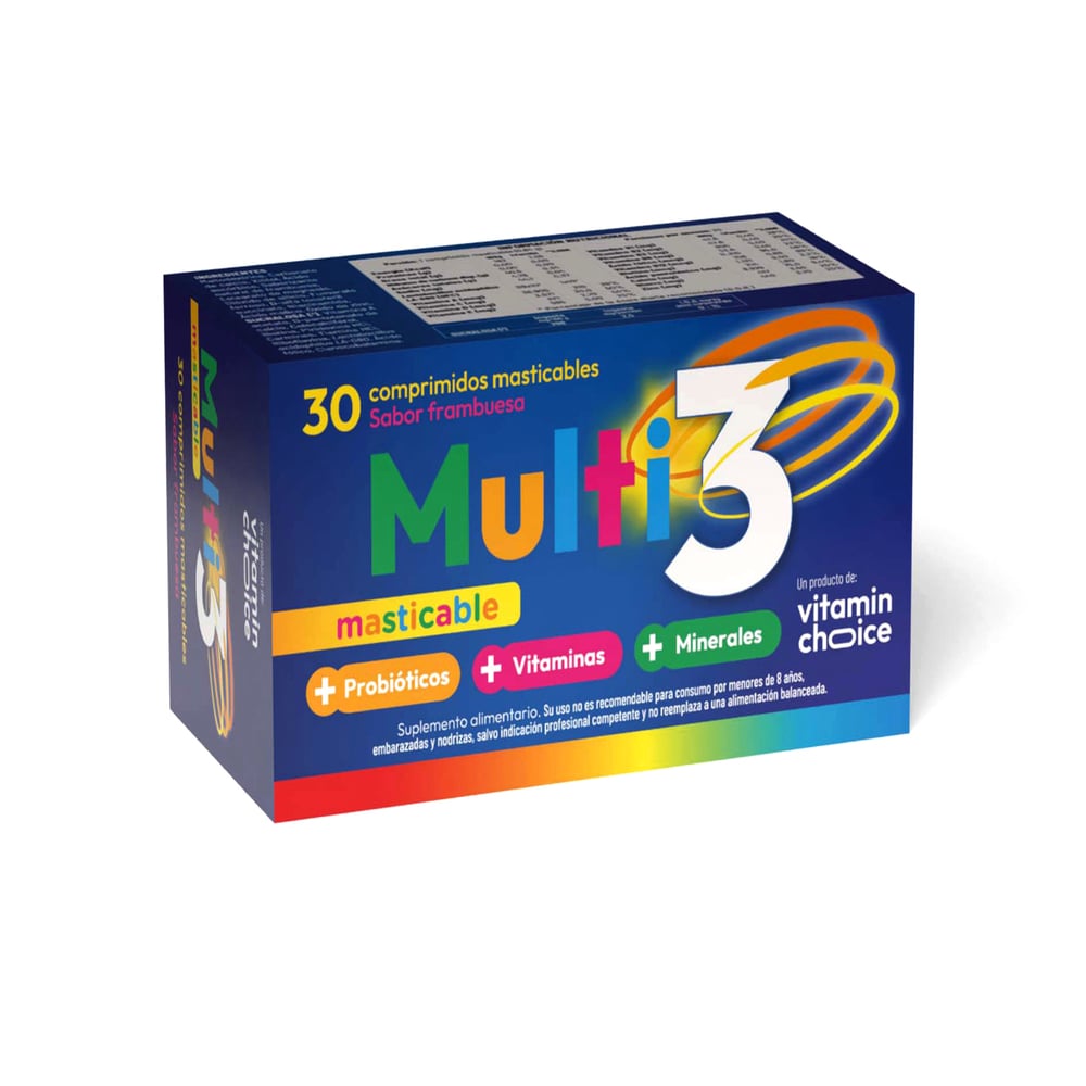 Multi 3 Multivitaminico Masticable + Probóticos + Vitaminas + Minerales 30 comprimidos masticables