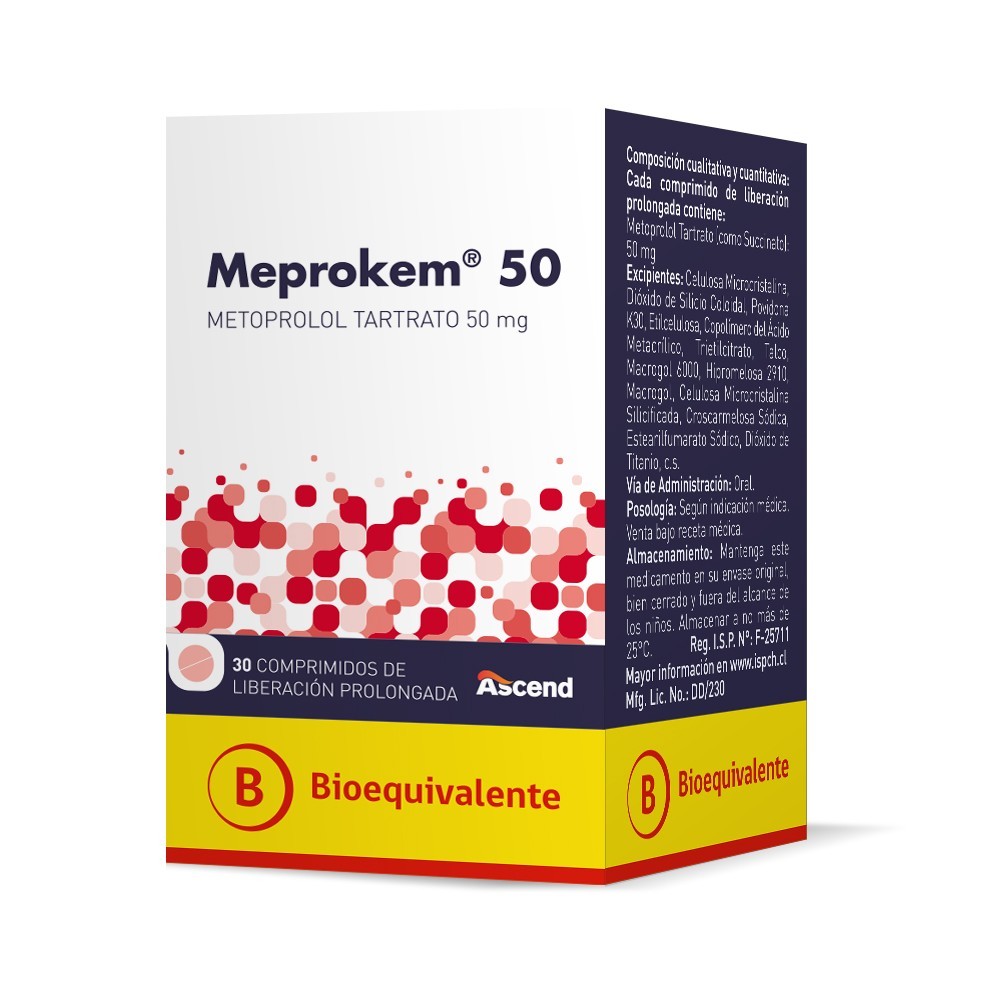 Meprokem Metoprolol Tartrato de Liberación Prolongada 50 mg 30 Comprimidos