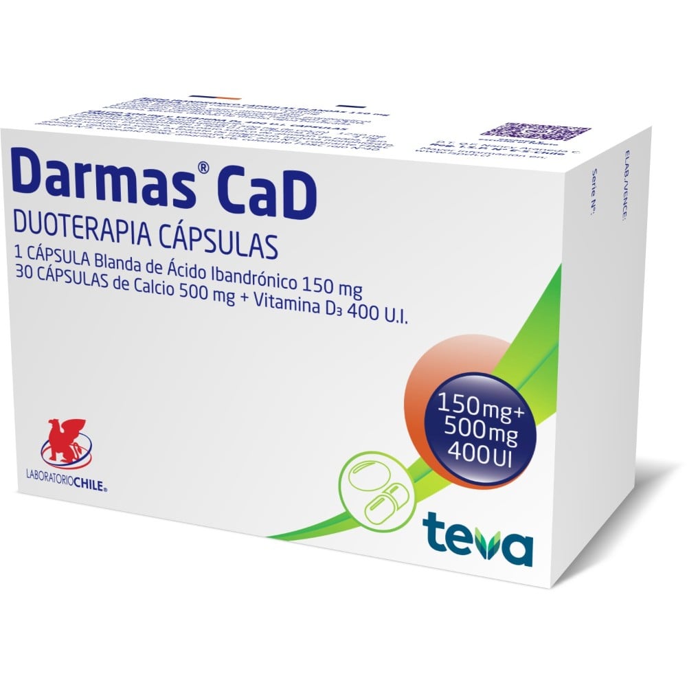 Darmas CaD Ácido Ibandrónico 150 mg Carbonato de calcio 500mg 30 Cápsulas Vitamina D3 400 U.I