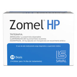 ZOMEL HP TRITERAPIA (AMOXICILINA COMPRIMIDOS DISPERSABLES 1 g; CLARITROMICINA COMPRIMIDOS RECUBIERTOS 500 mg; ESOMEPRAZOL CÁPSULAS CON MICROGRÁNULOS CON RECUBRIMIENTO ENTÉRICO 20 mg)